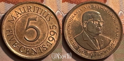 Маврикий 5 центов 1995 года, KM# 52, 267s-131 ♛