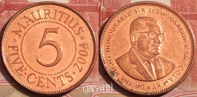 Маврикий 5 центов 2004 года, KM# 52, 223-026