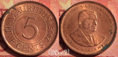 Маврикий 5 центов 2005 года, KM# 52, 178j-035