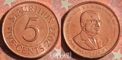 Маврикий 5 центов 2017 года, KM# 52, 378-015