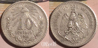 Мексика 10 сентаво 1911 года, Серебро, KM# 428, 176-114