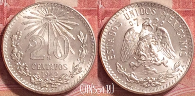Мексика 20 сентаво 1942 г., серебро, KM# 438, UNC, 264j-027