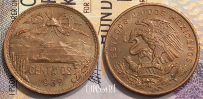 Мексика 20 сентаво 1969 года, KM# 440, 153-020