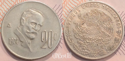 Мексика 20 сентаво 1974 года, KM 442, 117-018