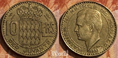 Монако 10 франков 1951 года, KM# 130, 283s-015