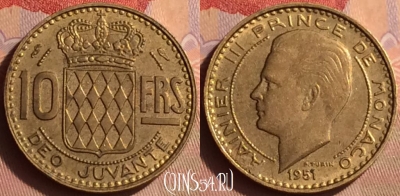 Монако 10 франков 1951 года, KM# 130, 433-036