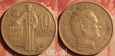Монако 10 сантимов 1962 года, KM# 142, 437-122