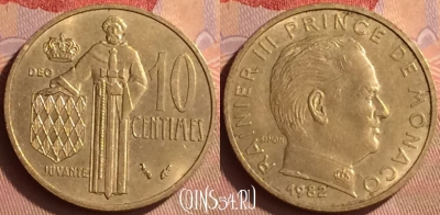 Монако 10 сантимов 1982 года, редкая, KM# 142, 433-121 ♛