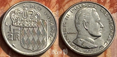 Монако 1/2 франка 1968 года, KM# 145, 283s-102 ♛
