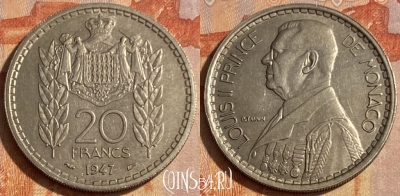Монако 20 франков 1947 года, KM# 124, 463q-581 ♛