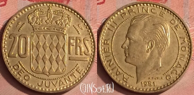 Монако 20 франков 1951 года, KM# 131, 326o-119 ♛