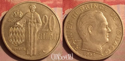Монако 20 сантимов 1962 года, KM# 143, 433-107
