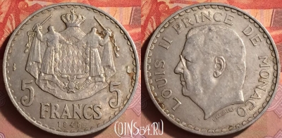 Монако 5 франков 1945 года, KM# 122, 433-061