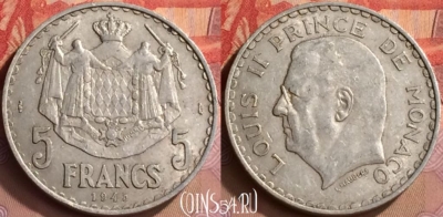 Монако 5 франков 1945 года, KM# 122, 445-092