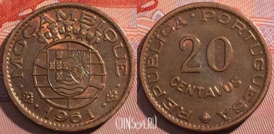 Мозамбик 20 сентаво 1961 года, KM# 85, a117-106