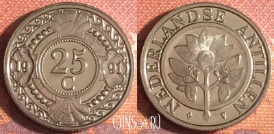 Антильские острова  25 центов 1991 года, KM# 35, 342-054