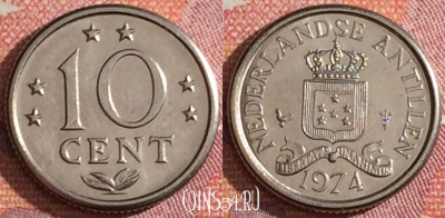 Антильские острова 10 центов 1974 года, KM# 10, 352-062
