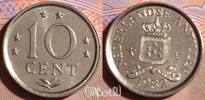Антильские острова 10 центов 1982 года, KM# 10, 096g-104