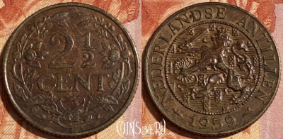 Антильские острова 2 1/2 цента 1959 г., KM# 5, 465q-019 ♛