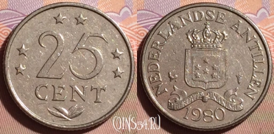 Антильские острова 25 центов 1980 года, KM# 11, 096g-101