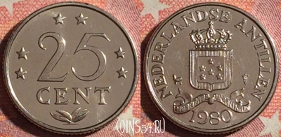 Антильские острова 25 центов 1980 года, KM# 11, 370-029