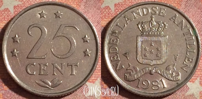 Антильские острова 25 центов 1981 года, KM# 11, 119i-117