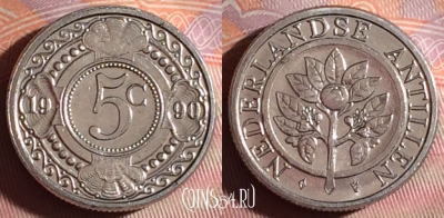 Антильские острова 5 центов 1990 года, KM# 33, 121f-041