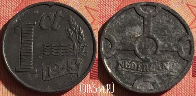 Нидерланды 1 цент 1943 года, KM# 170, 220i-026