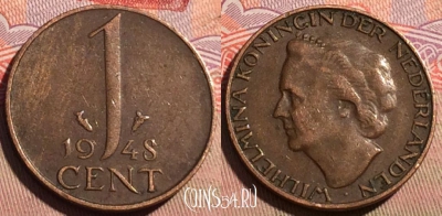 Нидерланды 1 цент 1948 года, KM# 175, 223a-034