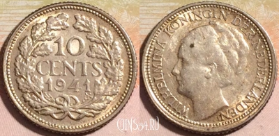 Нидерланды 10 центов 1941 года Ag, KM# 163, a081-070