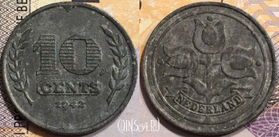 Нидерланды 10 центов 1942 года, KM# 173, 137-094
