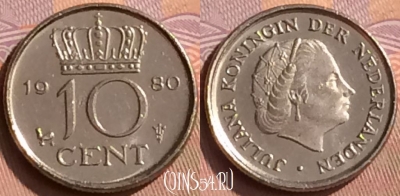 Нидерланды 10 центов 1980 года, KM# 182, 450-022