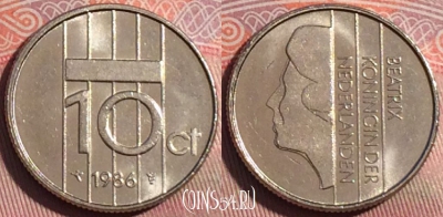 Нидерланды 10 центов 1986 года, KM# 203, 252a-102