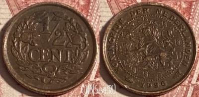 Нидерланды 1/2 цента 1936 года, KM# 138, 342r-067 ♛