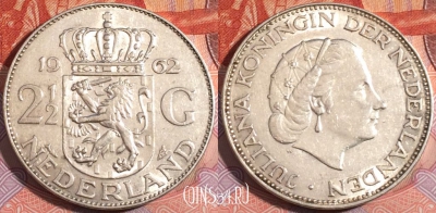 Монета Нидерланды 2,5 гульдена 1962 года, Ag, KM# 185, a151-024