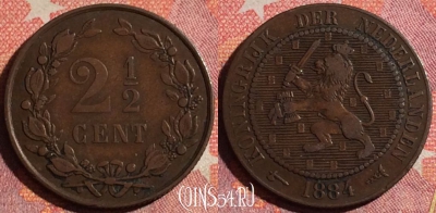 Нидерланды 2 1/2 цента 1884 года, KM# 108, 365-017