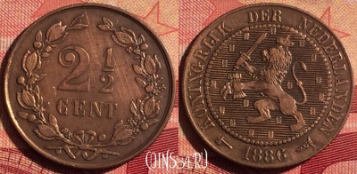 Нидерланды 2 1/2 цента 1886 года, KM# 108, 230i-041
