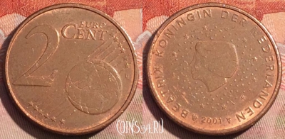 Нидерланды 2 евроцента 2001 года, KM# 235, 277a-059
