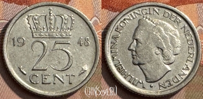 Нидерланды 25 центов 1948 года, KM# 178, 264s-135