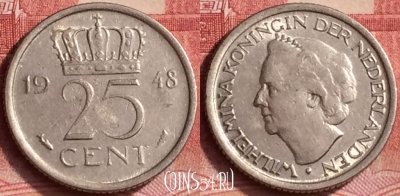 Нидерланды 25 центов 1948 года, KM# 178, 352l-077