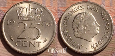 Нидерланды 25 центов 1956 года, KM# 183, 205b-121