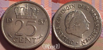 Нидерланды 25 центов 1957 года, KM# 183, 095b-131