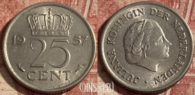 Нидерланды 25 центов 1957 года, KM# 183, 111q-051