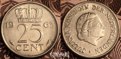 Нидерланды 25 центов 1963 года, см. состояние, 63-039a