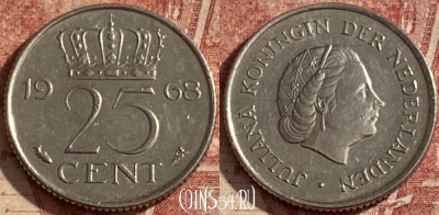 Нидерланды 25 центов 1968 года, KM# 183, 109q-086