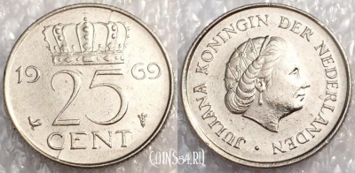 Нидерланды 25 центов 1969 года, см. состояние, 79-022b