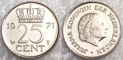 Нидерланды 25 центов 1971 года, см. состояние, 79-022a