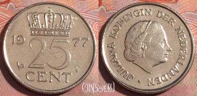 Нидерланды 25 центов 1977 года, KM# 183, 253a-128