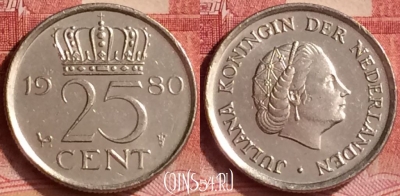 Нидерланды 25 центов 1980 года, KM# 183, 297l-019