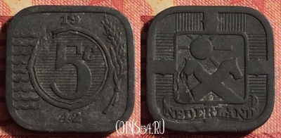 Нидерланды 5 центов 1942 г., оккупация, KM# 172, 175j-077